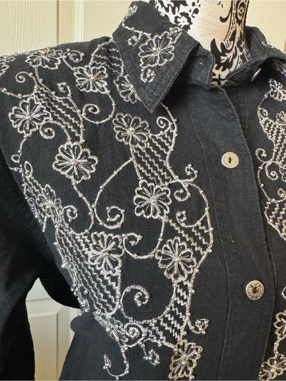 Vintage Black Embroidered and Beaded Button-Down Women’s Shirt /Jacket